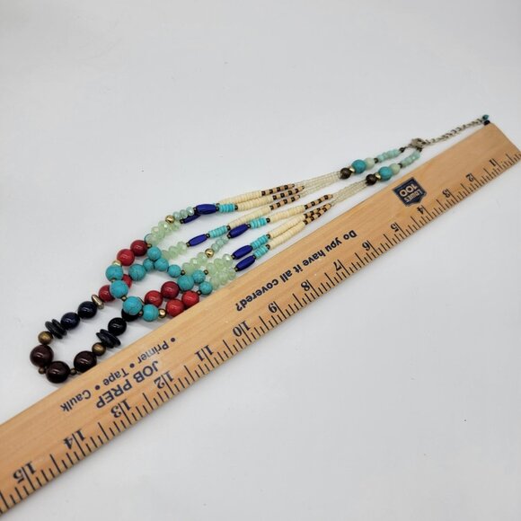 STUNNING MULTI‎ COLORED BEADED NECKLACE 3 Strand Colorful Boho Festival - Picture 6 of 6